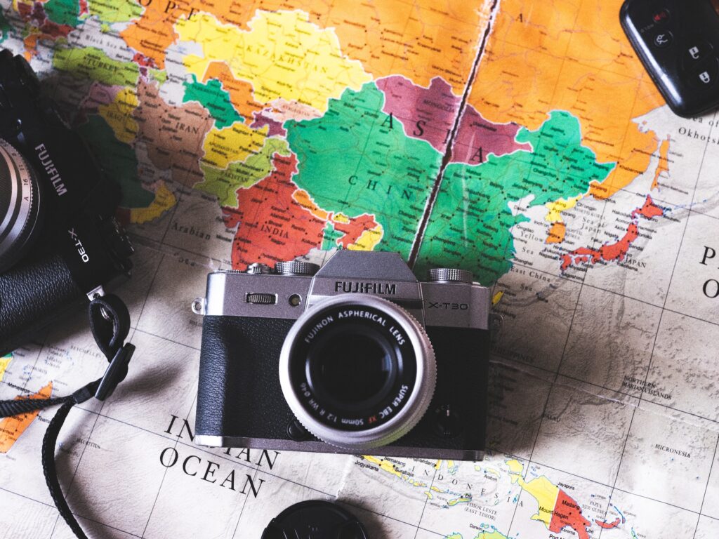 camera sitting on a map