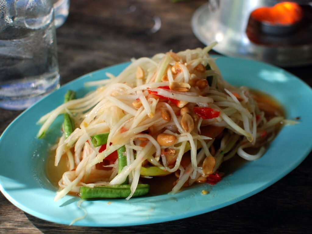 A local favorite= thum mak houng. Spicy papaya salad.